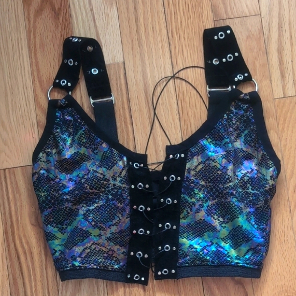 Oil slick snake skin lace-up bra top